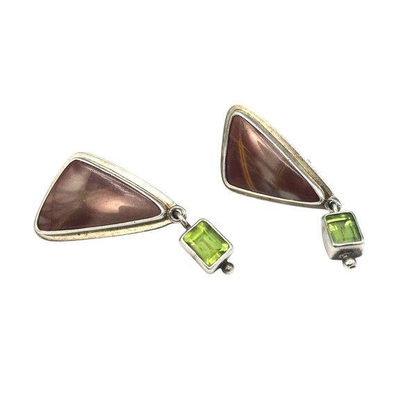 OOAK Obsidian Sterling Stone Earrings with Peridot Dangle, Vintage Mauve Natural - Picture 2 of 6